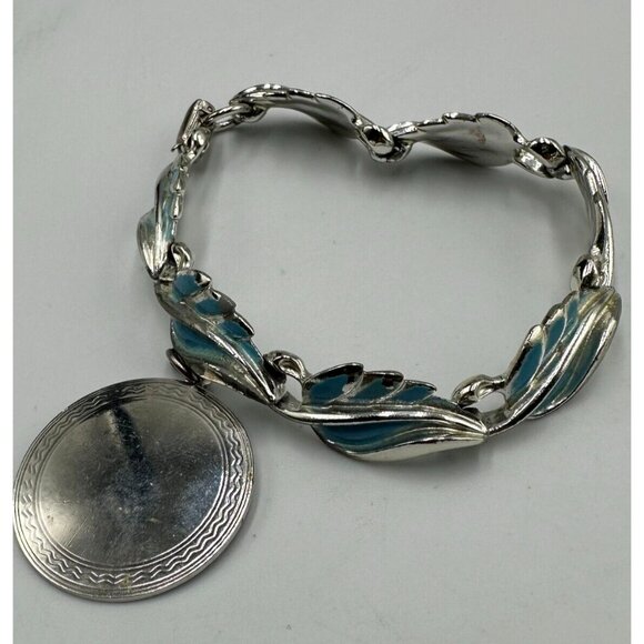Coro Jewelry - Vintage Coro Pegasus Bracelet Silver Tone Blue Leaf Large Circle Dangle Charm 7"